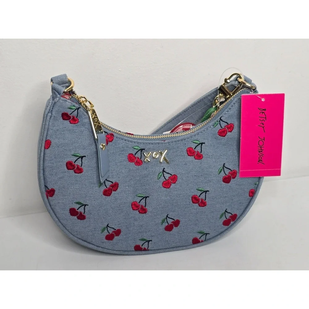 Betsey Johnson Cherry Print Crescent Hobo Bag Rock Chick Purse Denim Blue NEW